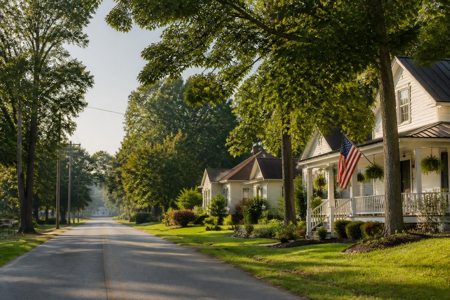 Quiet Alto road with small-town homes in natural light.