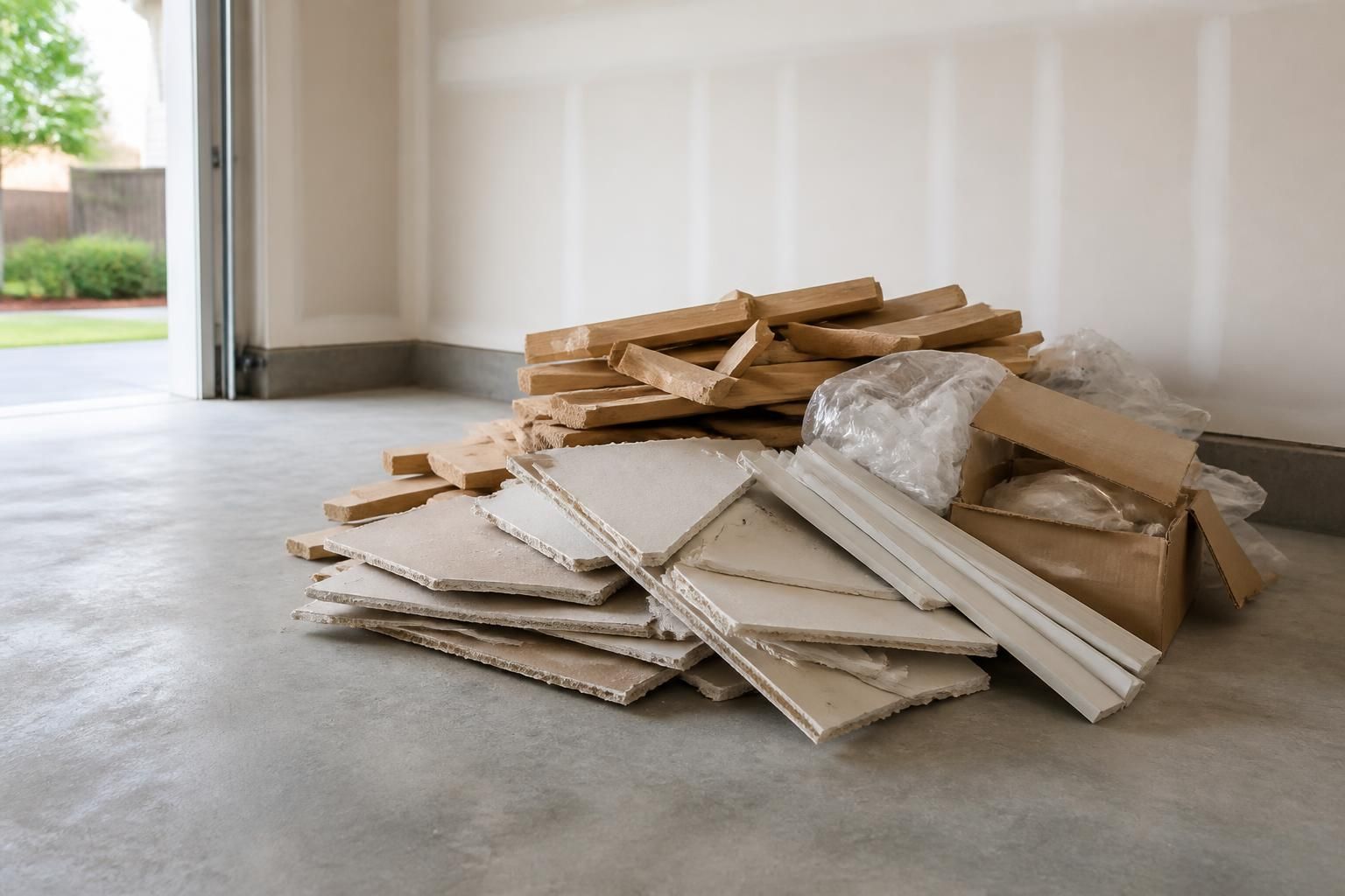 Construction debris neatly staged for removal from a work site.