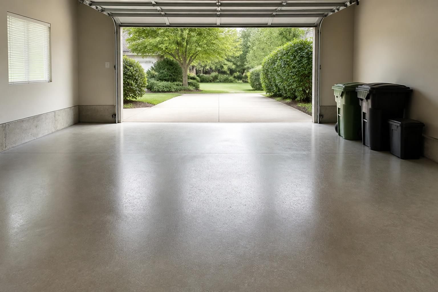 Empty garage floor after a thorough cleanout.