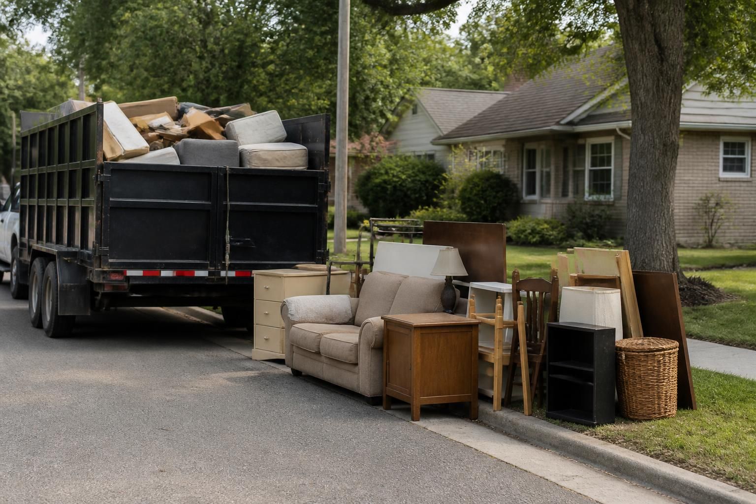 Curbside junk removal scene with a truck and prepared household items.