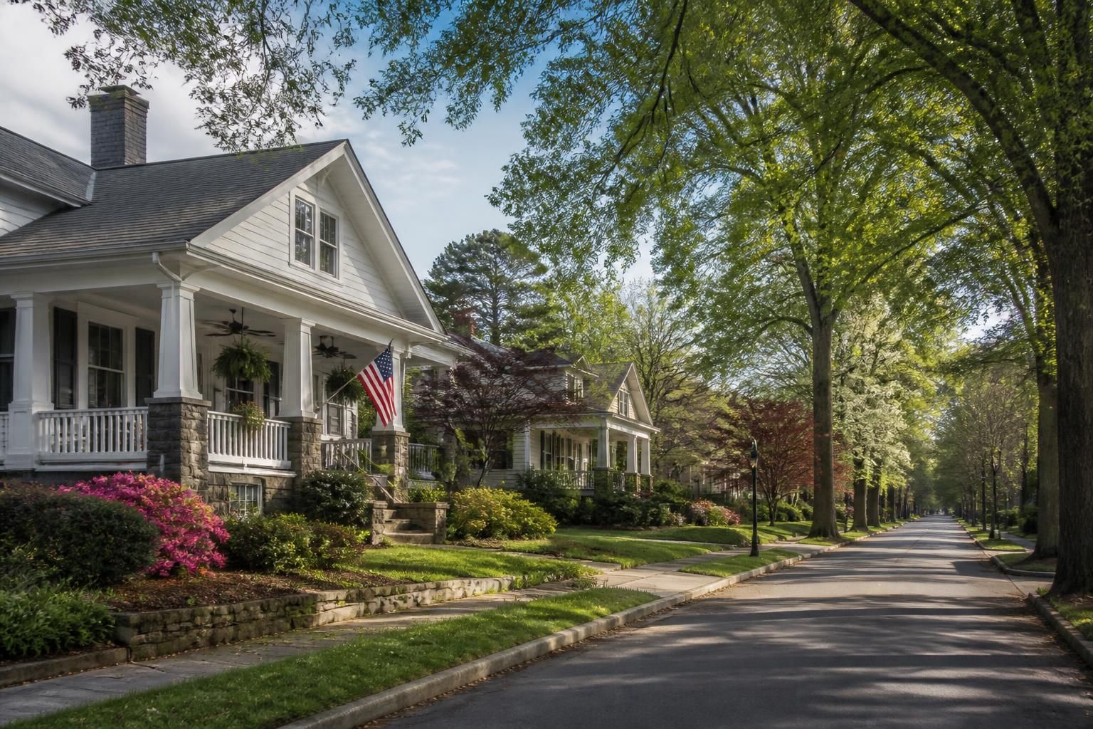 Tree-lined Toccoa neighborhood with well-kept homes.